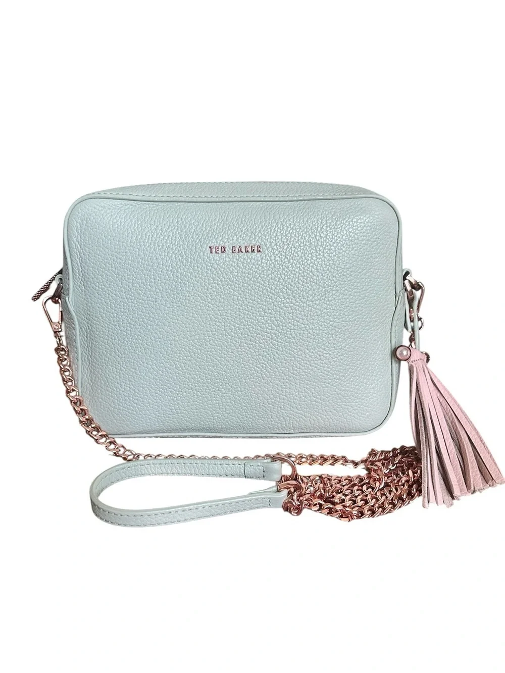 Ted Baker Mint Green Leather Camera Crossbody Rose Gold Tassel Bag